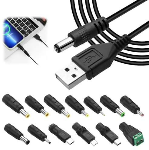 USB to DC Power Cable, Universal USB to 5V DC Power Cable with 13 Connector Plugs for Laptops, Routers, Speakers, Power Banks, Cameras, Fans, and More, DC 5V Chargering