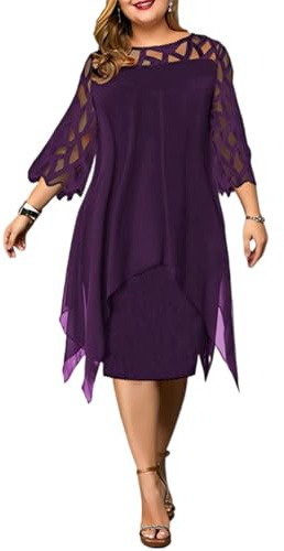 Meichoon Robe grande taille pour femme - Manches 3/4 - Mousseline de soie creuse - Ourlet irrégulier - Tenue une pièce