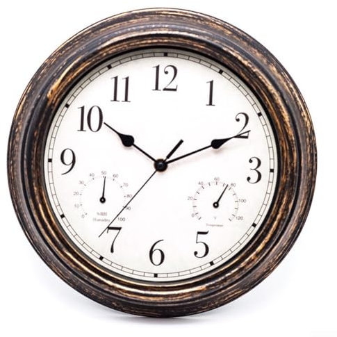 HpLive Wasserdichte Gartenuhr 12 Zoll mit Temperatur und Luftfeuchtigkeitsanzeige Vintage Design(black copper)