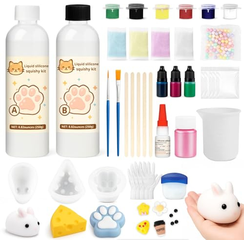 1DFAUL Kit para hacer Squishy de silicona líquida 17.6oz, Sin burbujas y secado rápido, Con conejo, pata de gato y moldes de queso, Divertidos regalos para aliviar el estrés