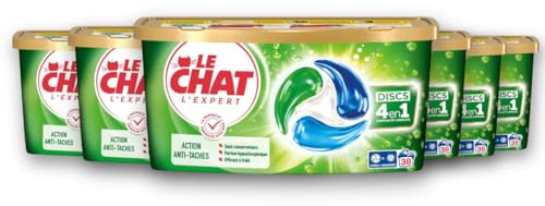 Le Chat L’Expert Discs 4en1 – Capsules Lessive Anti-Taches, Sans Conservateurs, Efficaces à Froid, Dissolution Rapide, Respect des Fibres – 6 x 38 Capsules (210 Lavages)