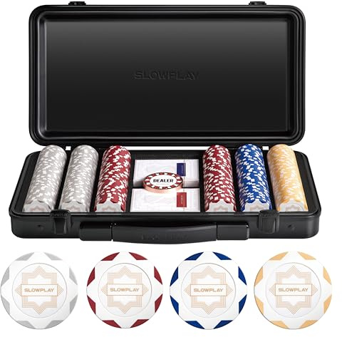 SLOWPLAY Nash Clay-Poker-Set, 14 g/40 mm Chips für Texas Hold’em | White Gold Edition; 300 Blanko; Premium-Koffer mit PC-Schale; Clay-Verbundchips; Art-déco-Stil