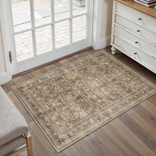 PureCozy FußMatte Waschbarer Braun Teppich 60x90cm klein im Eingangsbereich | Kurzflor Rutschfest,Vintage Teppiche,Eingang, Flur, Badezimmerteppich, Korrido, Schlafzimmer, Küche