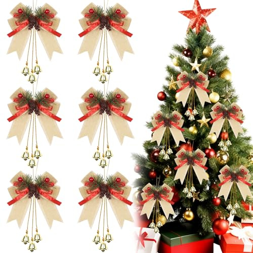 6 Stück Rote Schleifen Weihnachten, Weihnachtsbaum Schleifen Weihnachtsbaumschmuck mit Tannenzapfen Glöckchen, Hängende Weihnachtsschleifen für Geschenkverpackung, Girlande, Kamin, Weihnachtsbaum Deko