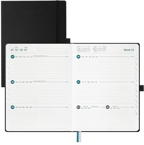 BEZEND Kalender 2026 2027 Horizontale Wochenkalender A4 (28,5 x 22 cm) | 18-Monate Terminplaner (Jul 26 - Dez 27), 1 Woche 2 Seiten, PU-Leder Hardcover, 80 GSM Papier, Schwarz