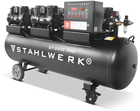 STAHLWERK Druckluftkompressor 240-Liter-Tank (ST-2410 Pro), 10 bar, 9,86 PS | Ölfreier und leiser Kompressor mit 7,25 kW, 1250 l/min, 72 dB, Brushless-Motoren, Silent-Kompressor und Flüsterkompressor