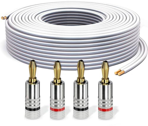 PureLink Cable para altavoces con conectores banana, cable audio OFC 2x2,50mm² (0,20mm), 15,0m, 4 conectores, cobre puro para altavoces HiFi y subwoofer, marcación de polaridad, blanco