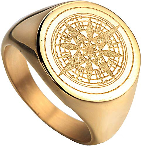 PAURO Herren Ring Edelstahl Retro Runde Kompass Signet
