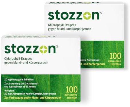 Chlorophyll-Dragees 20 mg. Spar-Set: 2 x 100 Stück. Gegen Mund- und Körpergeruch durch: Verzehr geruchsintensiver Lebensmittel (Zwiebeln, Knoblauch etc.)