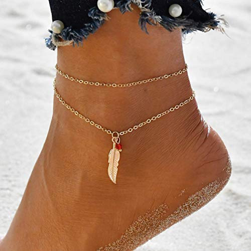 Yean Boho Feder Anhänger Fußkettchen mit rotem Kristall geschichteten Knöchel Armband Fashion Fußkette Gold für Frauen und Mädchen