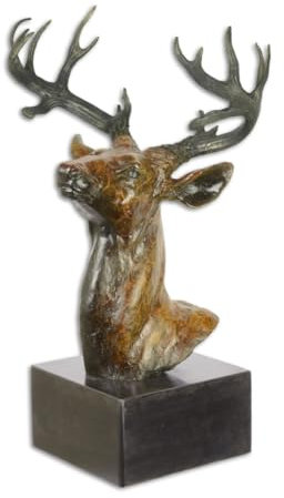 Casa Padrino Luxus Bronze Skulptur Hirsch Kopf 23,2 x 31,8 x H. 51,5 cm - Bronzefigur mit Marmorsockel - Deko Accessoires