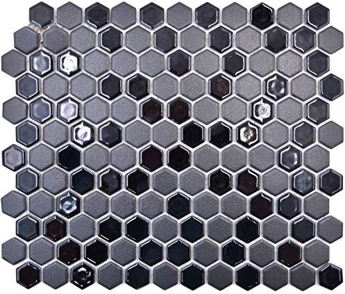 Keramik Mosaik Hexagon schwarz glänzend R10B für WAND KÜCHE Wandverblender Verkleidung | 10 Matten