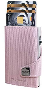 TRU Virtu® Geldbörse RFID/NFC Schutz - Portemonnaie Click & Slide Rhombus Rosé/Silver - Kartenetui mit Scheinfach aus Aluminium & Leder für Damen - 9,9 x 6,7 x 2,1 cm
