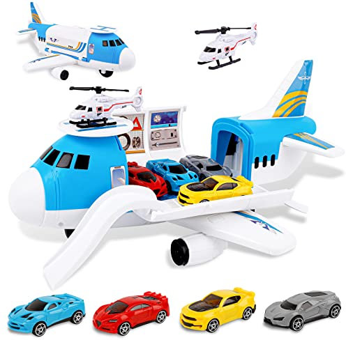 m zimoon Transport Airplane, Transport Cargo Plane Car Kids Toys Set with 4pcs Cars, 1pcs Helicopter Toy and 1pcs DIY Stickers Gift Toys for Boys Girls