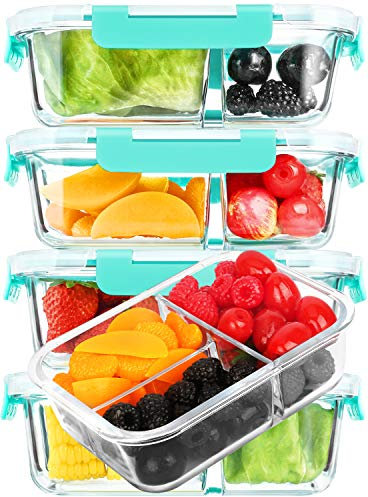 M MCIRCO [5-Pack, 36 oz] Glass Meal Prep Containers 3 Compartment with Lids, Glass Lunch Containers,Food Prep Lunch Box,Bento Box,Microwave, Oven, Freezer, Dishwasher (4.5 Cups, Green)