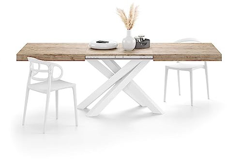 MOBILI FIVER, Mesa Extensible Emma 160(240) x90 cm, Color encina con Patas Cruzadas Blancas, para 6-10 Personas, Mesa Extensible de Comedor, Mesa Cocina, Salon, Made In Italy