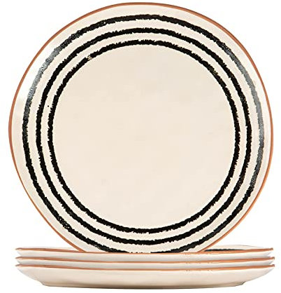 Nicola Spring Stoneware Dinner Plates - Striped Rim - Pack of 4 - Ceramic Dining Tableware Patterned Plates Dishwasher & Microwave Safe Large Plates Crockery for Starters, Sides, Mains, Desserts