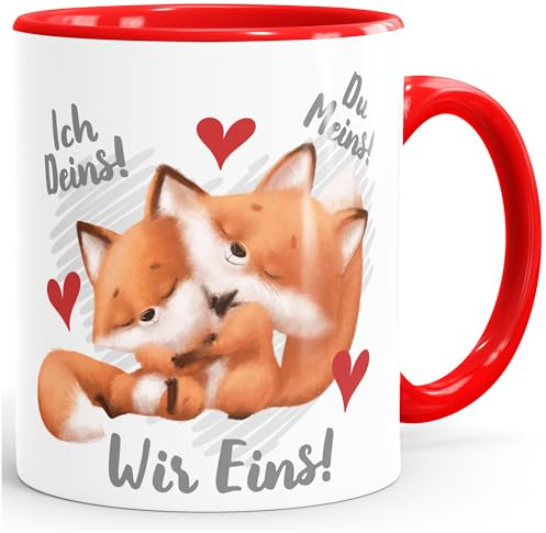 SpecialMe® Kaffee-Tasse Spruch Ich Deins Du Meins Wir Eins Geschenk Liebe Valentinstag Jahrestag Fuchs Weiss-innen-rot Keramik-Tasse