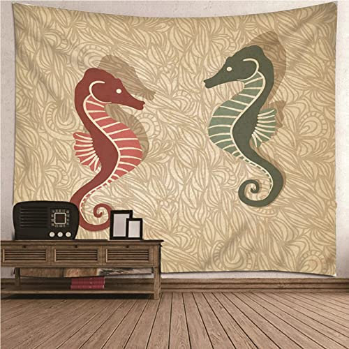 Aotiwe Tapisserie-Hintergrundtuch, Wanddekoration Herbst Seepferdchen Paar aus Polyester Rot Grün 240X220Cm