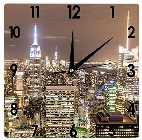 Higoss Horloge murale carrée New York City New York Skyline Horloge silencieuse sans tic-tac, 30,5 cm, fonctionne avec piles, paysage urbain, ferme, maison, bureau