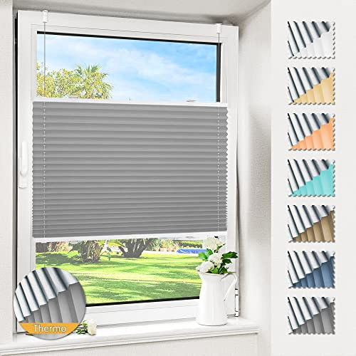 Magiea Plissee ohne Bohren verdunkelung, Thermo Plisseerollo Klemmfix, Hellgrau 80x200cm(BxH), Verdunklungsplissee 100% lichtundurchlässig, Faltrollo für Fenster, Sichtschutz Sonnenschutz