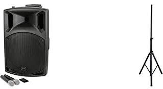 qtx | QX15PA Plus Complete Portable PA System | 2 x UHF Wireless Microphones & Media player USB/SD/FM/Bluetooth Connectivity & Robust Steel Speaker Stand, Black