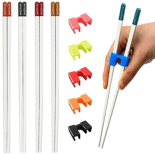 Chopsticks and Chop Stick Helpers 5 Pairs Set, Plastic Hinges Connector Training for Kids, Adults, Beginner, Trainers or Learner, Non-Slip Reusable and Replaceable, Dishwasher Safe (Bubble Fish)