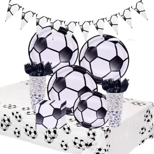 Generic Football Party Supplies, 115 Pieces for 16 Guests, Black, Including Plates, Tablecloths, Cups, Napkins, Cutlery, Bunting, Football Theme, Birthday Occasion