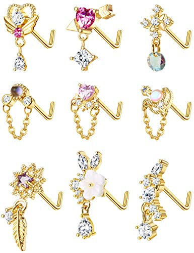 Kakonia 9 Stück 20G Baumeln Nasenpiercing Schmuck für Damen 316L Edelstahl Nasenpiercing Stecker Herz Pfeil Feder Schneeflocke Flügel CZ Dangling Nase Piercing Schmuck