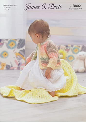 James Brett Double Knit Knitting Pattern Baby Lace Detail Cardigan Blanket & Hat (JB802)