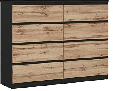 3E 3xE living.com Komodenschrank mit 8 Schubladen Farbe: Schwarz & Wotan Eiche, A: 120 x 101 x 39 cm, Schubladenkommode,Sideboard