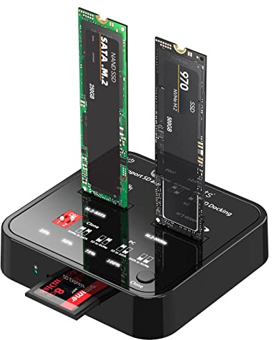 CoreParts USB3.2 Type-C (10 Gbps) M.2 SATA/NVMe SSD Clone Docking CLONER (SATA/NVMe SSD Clone Docking with SD Express Card Reader – Box Includes USB-C Cable, Power Supply and User)