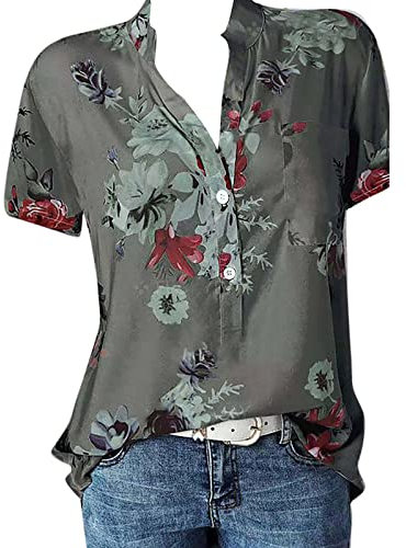 JiJiRuDU Bluse Damen Sommer Kurzarm Oberteile Tshirt V-Ausschnitte Elegant Sommershirts Mode Lose Damenblusen Knopfleiste Blumen Drucken Hemdbluse T-Shirt Tops Henley Hemd Basic Shirts