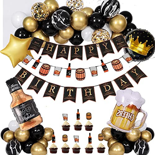 Whiskey Party Dekorationen für Männer, Gold Schwarz Latex Ballons Alter to Perfektion Whiskey Folienballons Happy Birthday Banner für Frauen Geburtstagsdekorationen Aged to Perfection Party Supplies