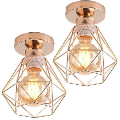 TOKIUS 2 packs Plafonniers E27 Industrielles Lustres Suspensions Vintages luminaires Plafonniers Salon Rétro Design Métal Cage Ø160mm éclairage de plafond Cuisine,Cuivré (2pcs)