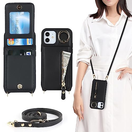 CAVOR Handykette Handyhülle iPhone 12 Mini Hülle Mit Band,Flip Leder Geldborse Handyhülle,[4 Kartenfach][Mit Ring Stander][Schnalle],Handytasche zum Umhängeband für iPhone 12 Mini - Schwarz