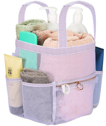 DV Lifestyle Mesh Shower Caddy Dorm, 7 Pockets & 1 with Zipper, Bathroom Tote with Padded Handles, Portable Travel Bath Bag, College Room Essentials (Light Gray)