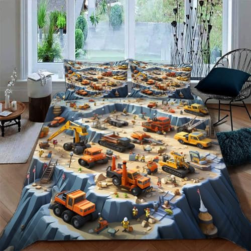Ruiqieor Bettwäsche 135x200cm,Bagger LKW Auto Traktor Baufahrzeuge Motiv Bettwäsche Set 3teilig,1 Bettbezug+2 Kissenbezug 80x80 cm,3D Cartoon gedruckte Kinder Bettwäsche（#1）