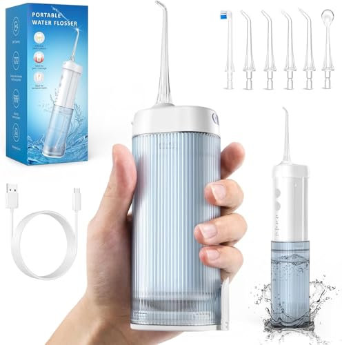 DIHOOM Jet Dentaire Hydropulseur Dentaire Portable - Mini Voyage Jet Dentaire Hydropulseur, 4 Modes et 6 Buses, Réservoir 210ML, USB Chargé et IPX7 Etanche, Blanc