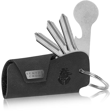SENYOR CROW® Leder Key Organizer mit Einkaufswagenlöser | Neuartiges Design für extra mehr Schlüssel | Hochwertiger Schlüsseletui aus Echtleder (Schwarz)