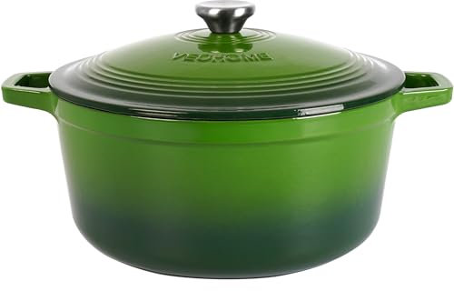 VeoHome Cazuela de hierro fundido Verde 6 litros - Olla de hierro fundido compatible con inducción y todas las fuentes de calor. Guiso versátil - caldero diámetro 28cm