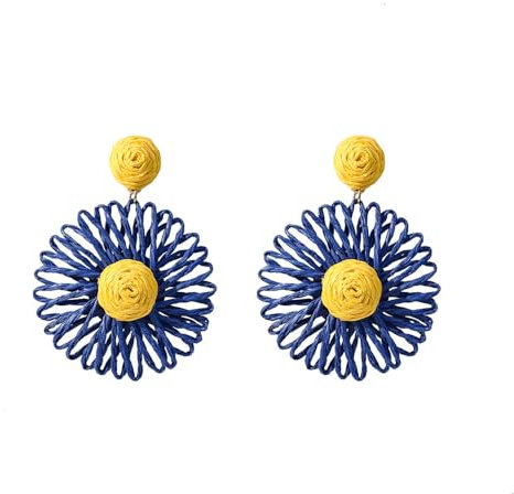 QKEPCY Pendientes de Paja Hechos a Mano Para Mujer Pendientes Flor Tejido de Rafia Estilo Boho Hawaiano Vacaciones en la Playa Joyería Earrings para Mujeres y Niñas(Azul y Amarillo)