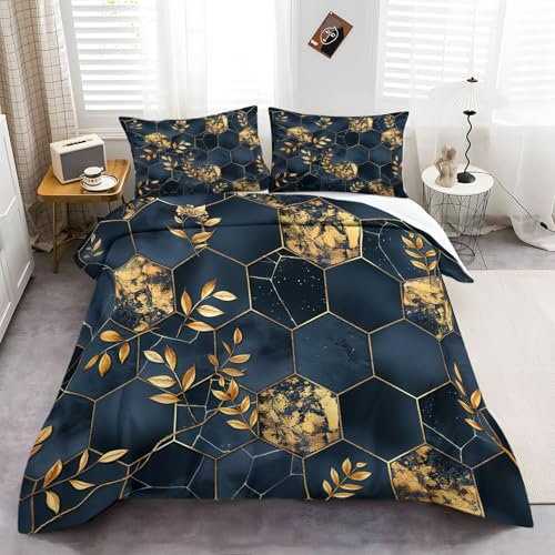 Bettbezug 155 x 220 cm in Dunkelblau Gold, Abstrakte geometrische Blätter Design - Hautfreundliche Mikrofaser - Für Einzelbett Decken - sommerbettwäsche Geeignet für Kinder Jungen Teenager