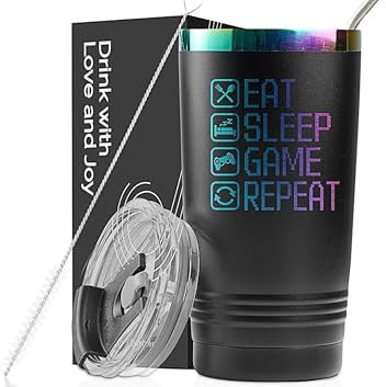 Onebttl Gamer Gifts for Gamer, Gaming Mug 20oz Stainless Steel Tumbler, Laser, Eat Sleep Game Repeat
