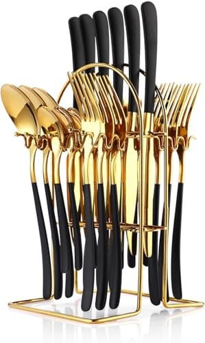 24-Teiliges Silbergeschirr Sets, Edelstahl Flatware Sets mit Silbergeschirr Halter Löffel Gabeln Messer Set, Geschirr Set Service für 6, Besteck Set für Küche (Schwarz Gold)