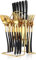 Lot de 24 pièces de vaisselle en argent en acier inoxydable avec support de vaisselle en argent, cuillères, fourchettes, couteaux, service de vaisselle pour 6, couverts blancs pour cuisine (noir doré)