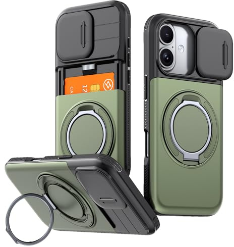 Wousunly Coque pour iPhone 17 Antichoc avec Porte Carte (Vert foncé) | Etui avec Protection Cache Camera Coulissant et Magnetique Anneau support