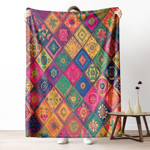 Pggong Boho Floral Gitter Kuscheldecke Flanell Wohndecke, Decke Vintage Ethno Geometrie Fleecedecke Decke Weiche, Orientalisch Exotische Sofadecke Waschbar überwurfdecke für Bett 180x200cm