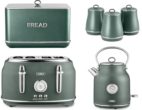 Tower Renaissance Forest Green Kettle, 4 Slice Toaster, Breadbin and Tea, Coffee, Sugar Canisters. Beautiful Matching Kitchen Set of 6 in Forest Green with Chrome Accents