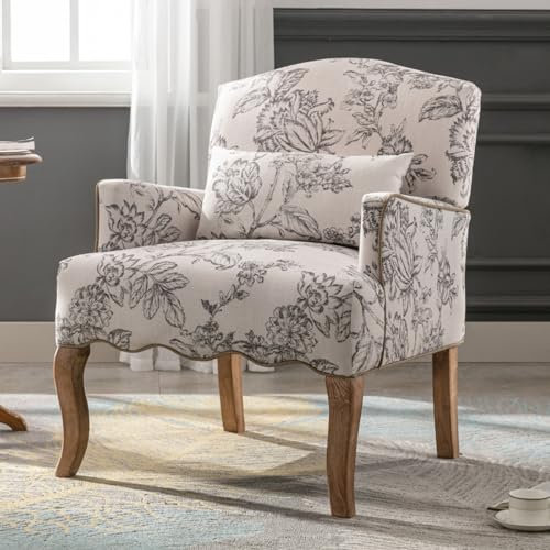 Ya-Home Vintage Sessel mit Armlehne, Polstersessel mit Holzbeinen & Blumenmuster Einzelsofa Akzentstuhl mit Kissen für Wohnzimmer/Schlafzimmer,Beige
